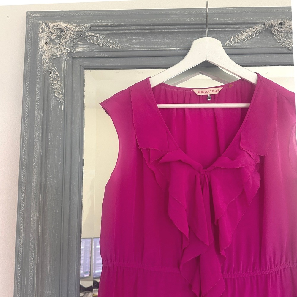 Rebecca Taylor 100% Silk‎ Hot Pink Sleeveless V-Neck Ruffle Top 10